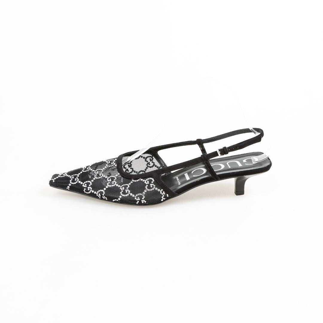 Gucci GG Crystal Embellished Mesh Slingbacks Size 41.5