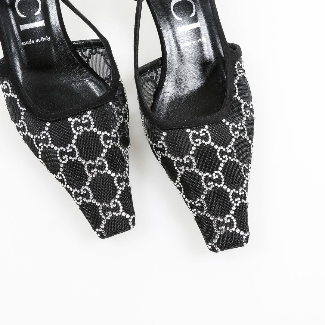Gucci GG Crystal Embellished Mesh Slingbacks Size 41.5