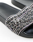 Chanel Tweed Leather Chain Slides Size 35
