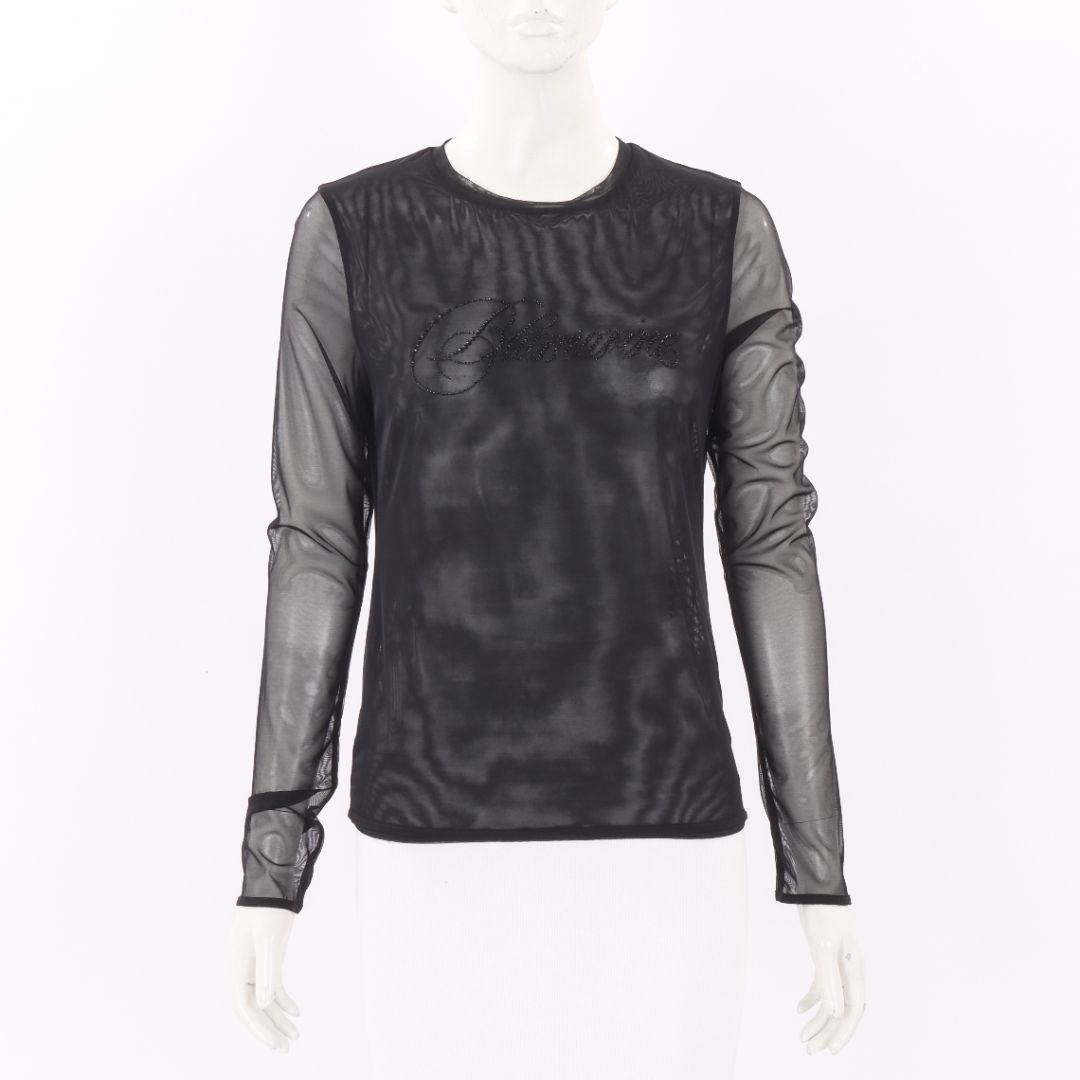 Blumarine Sequin Logo Mesh Top Size M