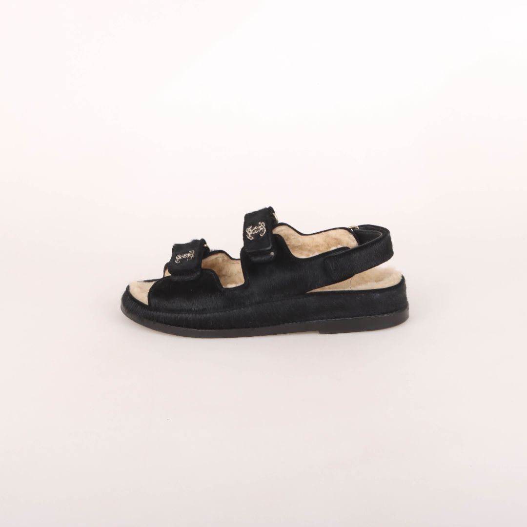 Chanel Pony Hair and Shearling Dad Sandals Size 38