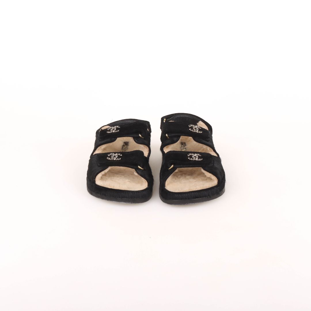 Chanel Pony Hair and Shearling Dad Sandals Size 38