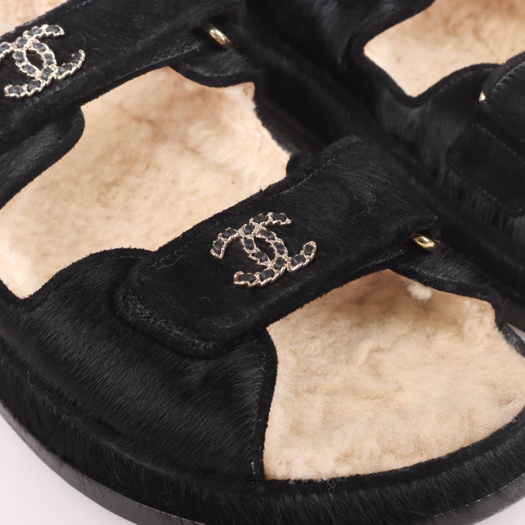 Chanel Pony Hair and Shearling Dad Sandals Size 38