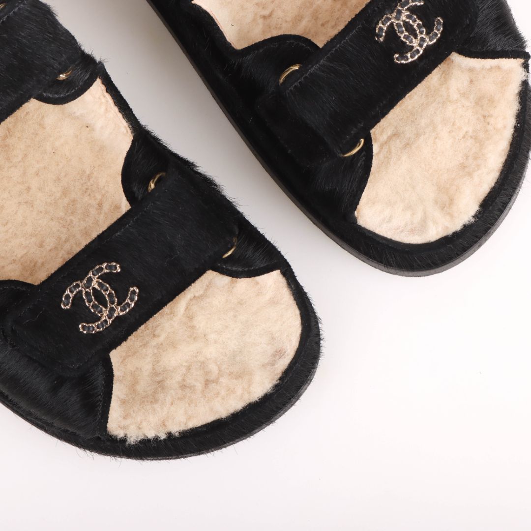 Chanel Pony Hair and Shearling Dad Sandals Size 38