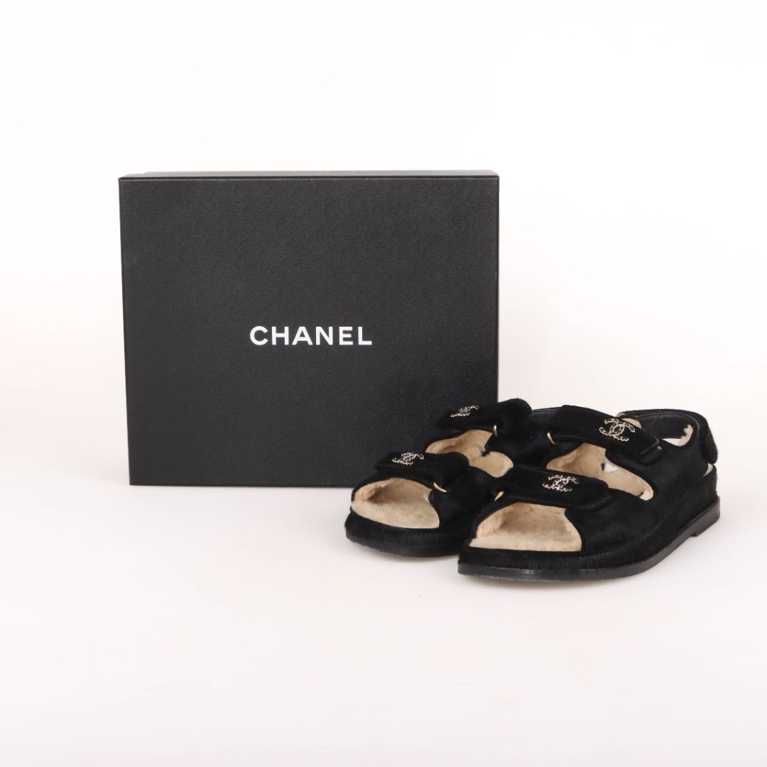 Chanel Pony Hair and Shearling Dad Sandals Size 38