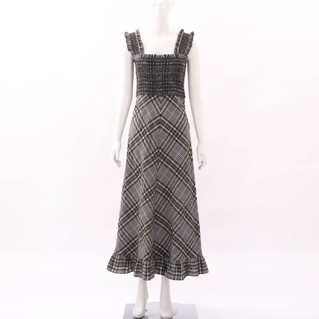 Ganni Checked Shirred Midi Dress Size 36 | AU 8