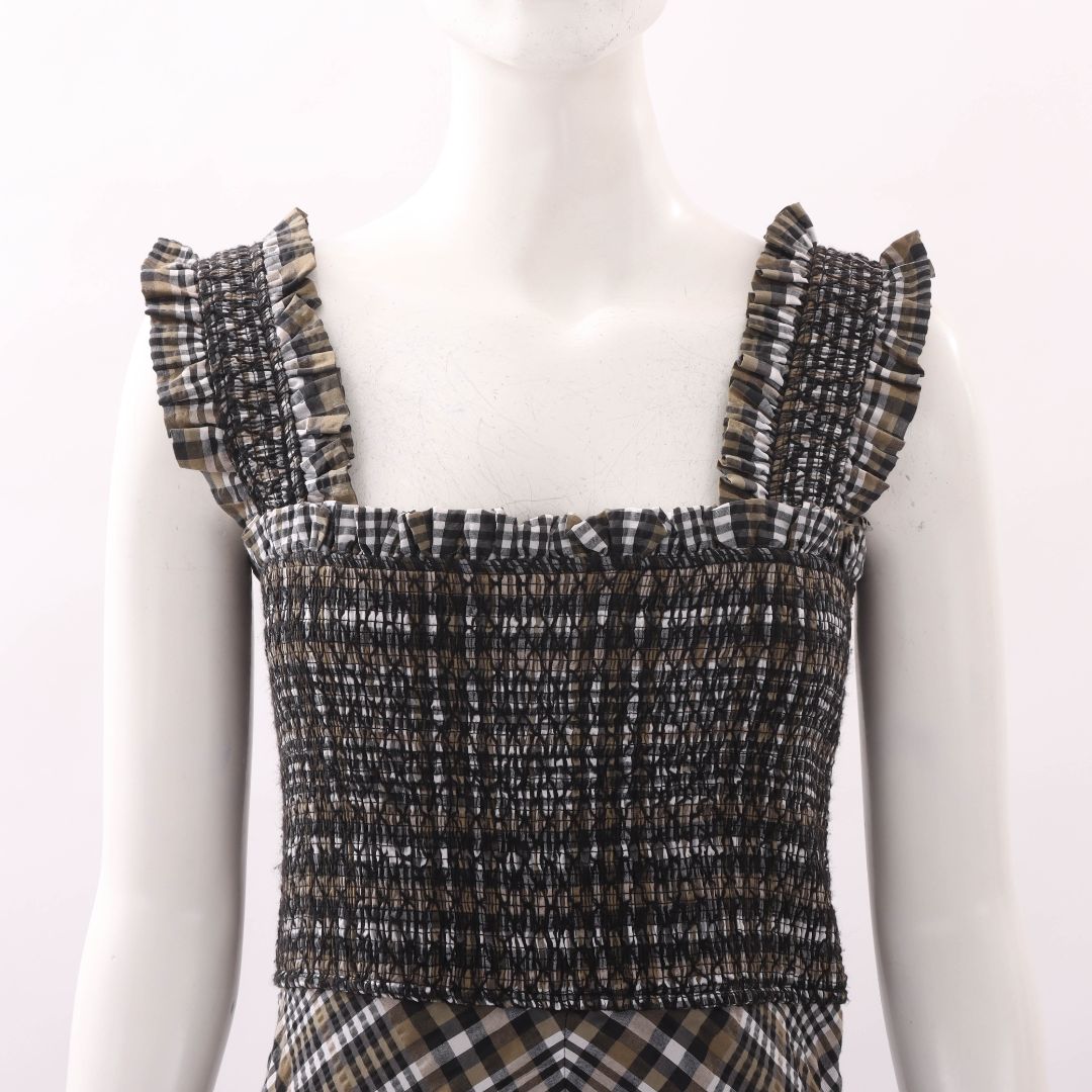 Ganni Checked Shirred Midi Dress Size 36 | AU 8