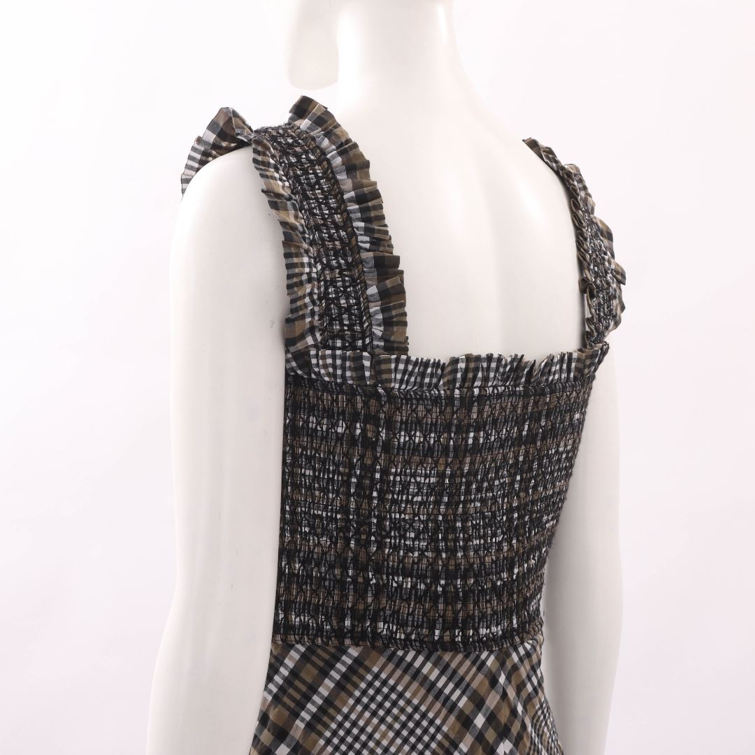 Ganni Checked Shirred Midi Dress Size 36 | AU 8