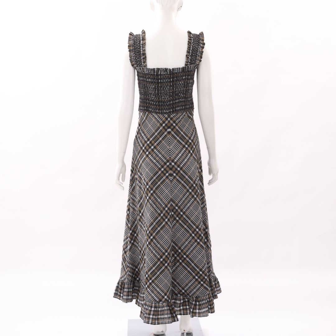 Ganni Checked Shirred Midi Dress Size 36 | AU 8