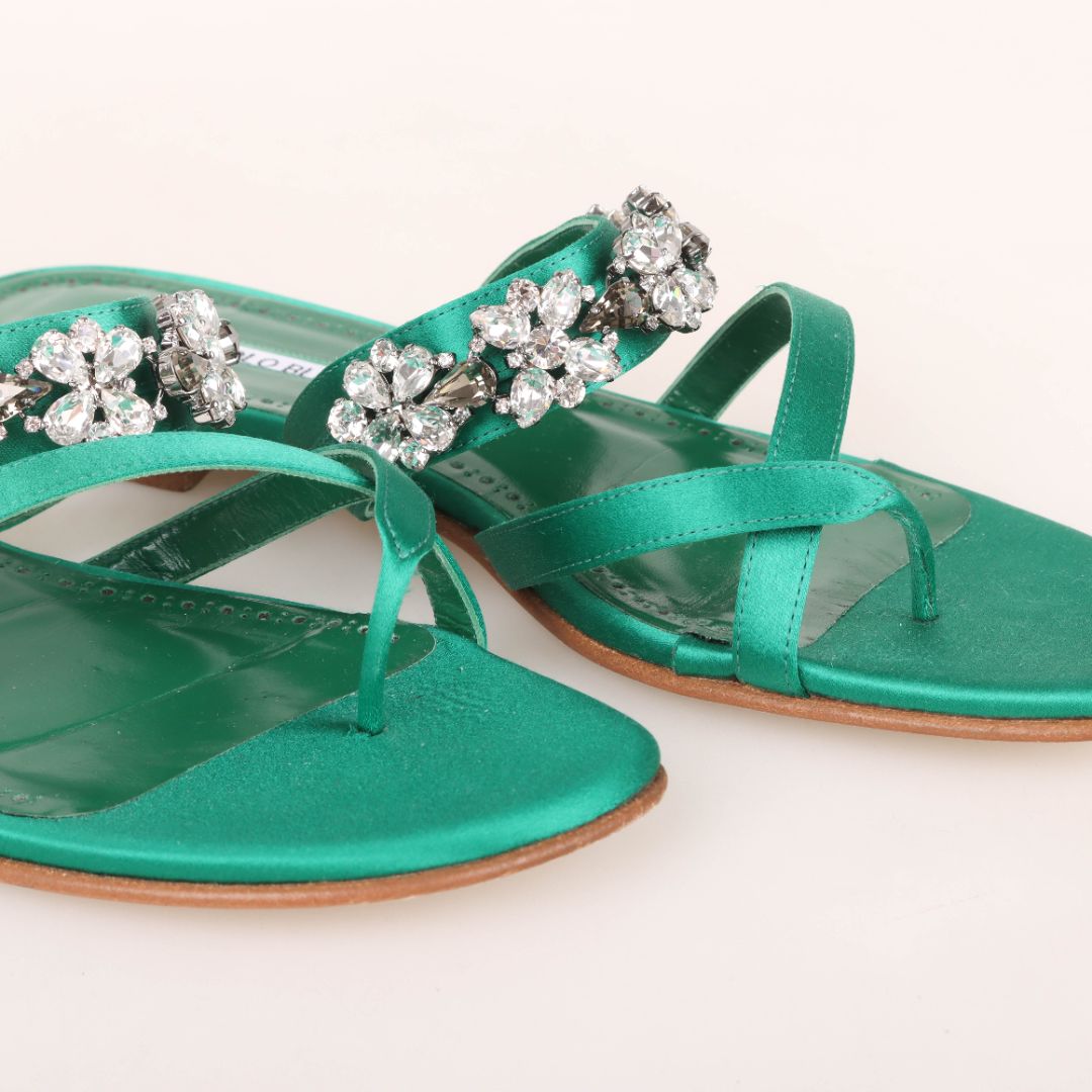 Manolo Blahnik Satin Jewelled Sandals Size 42