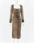 Ganni Leopard Mesh Ruched Midi Dress Size 40 | AU 12
