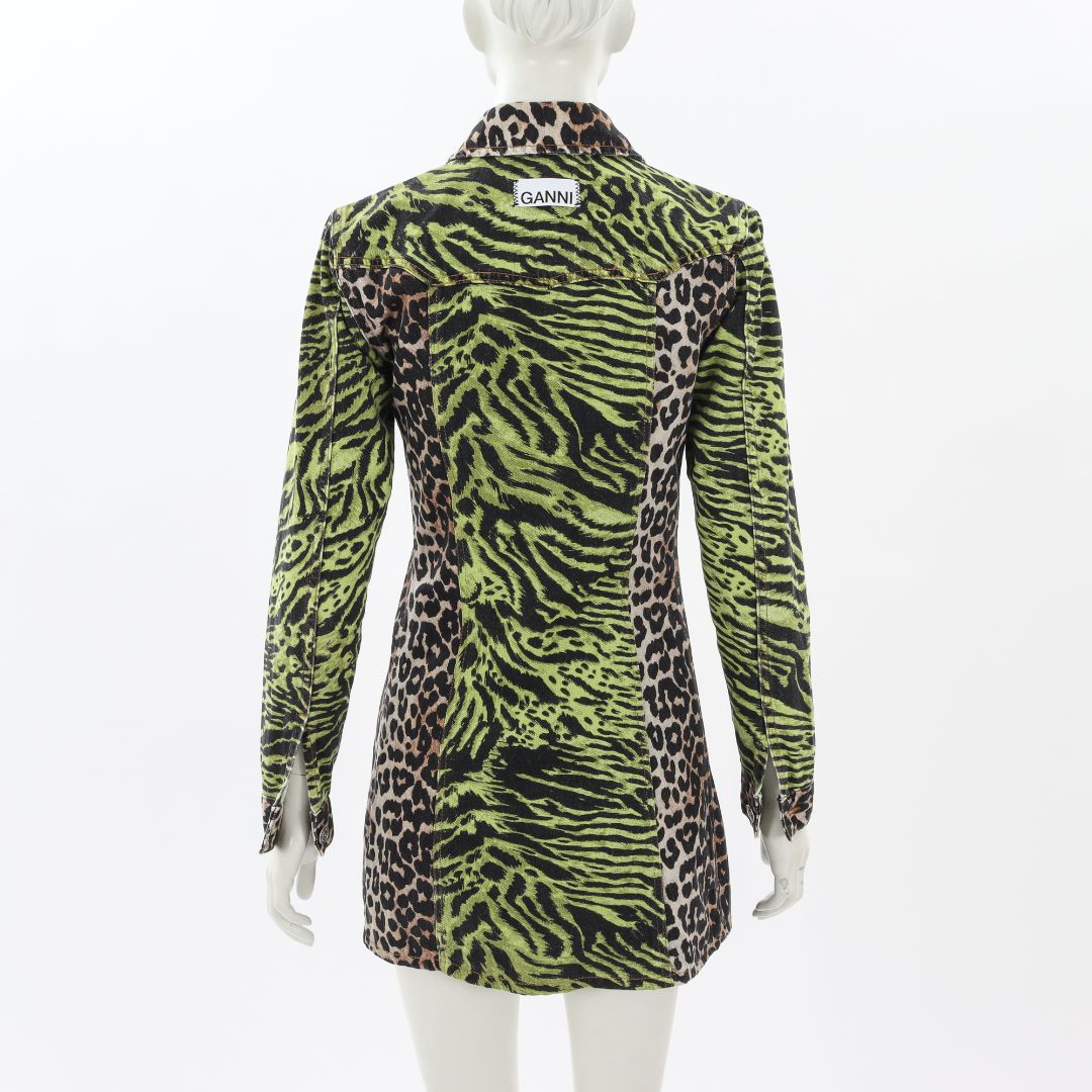 Ganni Denim Panelled Animal Print Dress Size Small