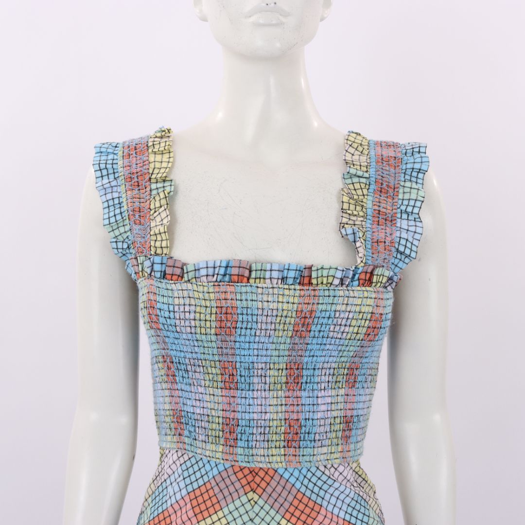 Ganni Checked Seersucker Midi Dress Size 32 | AU 4-6