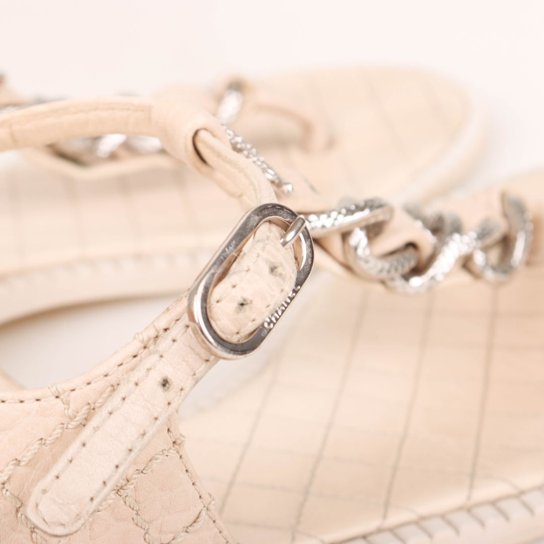 Chanel Interlocking Logo Leather Chain Sandals Size 38