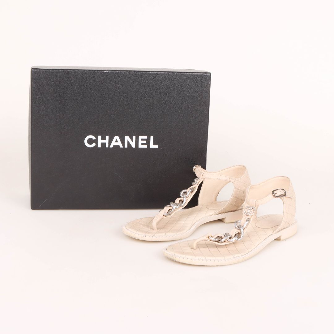 Chanel Interlocking Logo Leather Chain Sandals Size 38