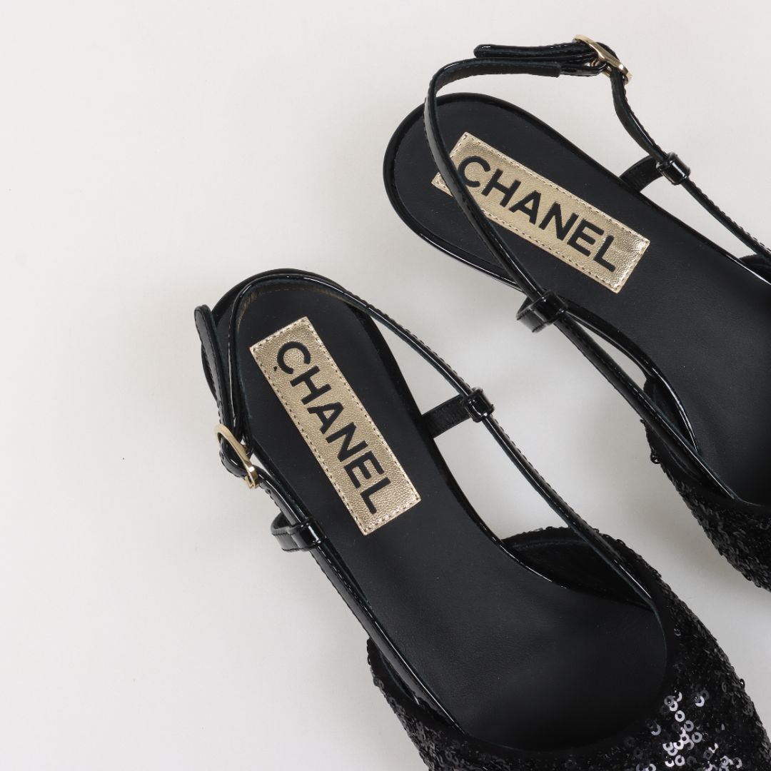 Chanel Sequin Slingback Kitten Heels Size 35