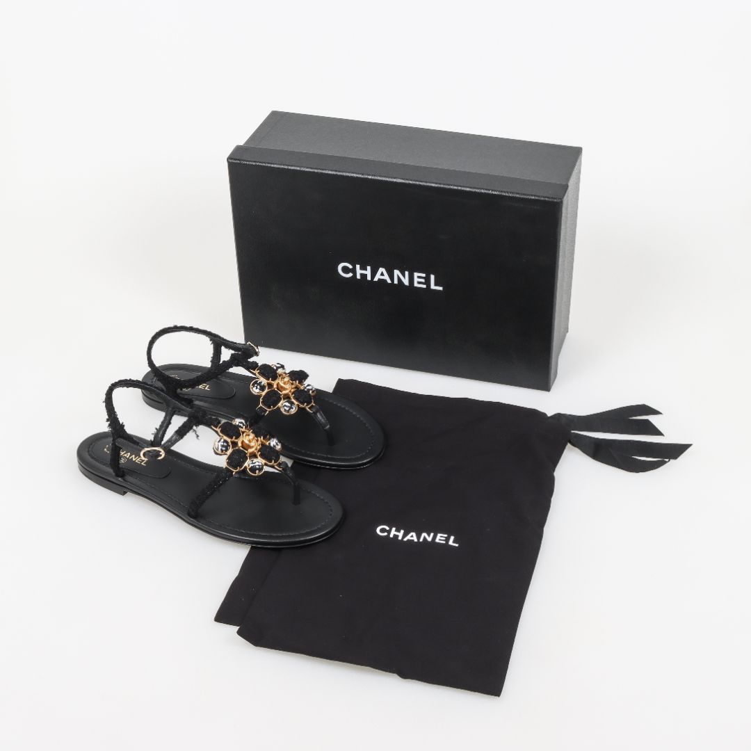 Chanel Tweed Interlocking CC Flat Sandals Size 38